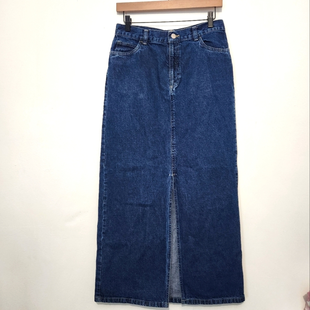 St. John's Bay Denim Midi Skirt Size 8 High Waisted Long Jean Skirt Front Slit